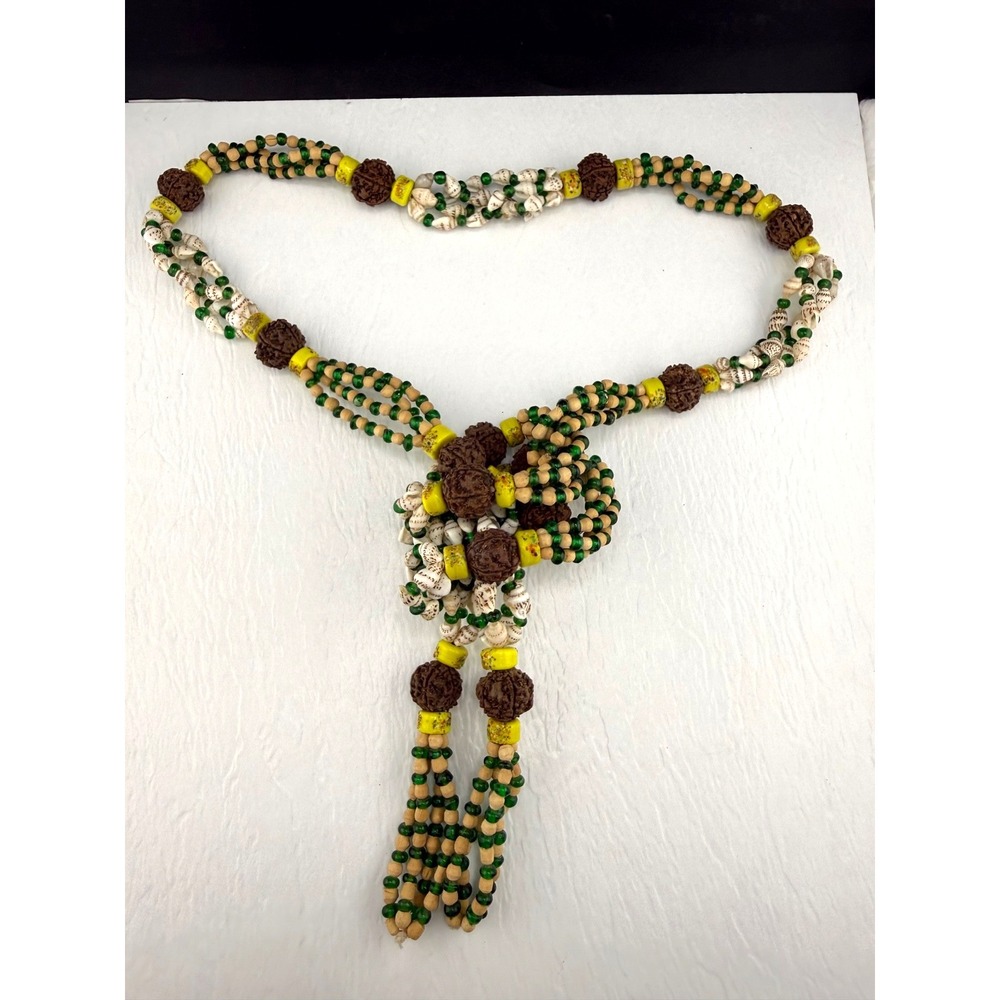 Vintage Estate Lariat Necklace Multicolor Beaded Shell Nut Glass Boho 52"
